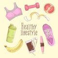 Female Healthy Lifestyle Hand Drawn Doodle. Fitness Elements Set.