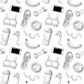 Female Healthy Lifestyle Hand Drawn Seamless Pattern. Fitness Elements Set.