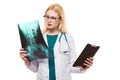 Woman doctor with X-ray and tablet