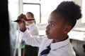 Female High School Students Wearing Uniform Using Interactive Whiteboard During Lesson