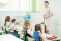 Female teacher teaching group of teenagers in high school lesson Royalty Free Stock Photo