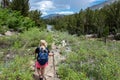 Female hiker concentrates while hiking on a dowhill slope in the Eastern Sierra Nevada mountains in the Little Lakes Valley trail