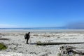 A female hiker exploring the sandy beaches of nels bight and experimental bight, surrounded by forest and the pacific ocean