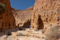 Female hiker going through a narrow deep canyon of dry wadi Abuv in Judean Desert close to city Arad, Israel.