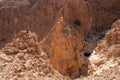 Female hiker posing in a narrow canyon in Judaean Desert, Israel