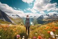 Female hiker standing in flowering alpine meadow and admiring a scenic view from a mountain top. Adventurous young girl with a