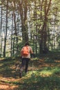 Female hiker is trekking on footpath in forest