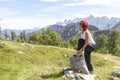 Female hiker tying boot laces Royalty Free Stock Photo