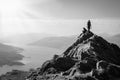 Female hikers on top of the mountain enjoying valley view Royalty Free Stock Photo