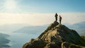 Female hikers on top of the mountain enjoying valley view