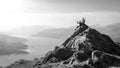 Female hikers on top of the mountain taking a break and enjoying a valley view Royalty Free Stock Photo