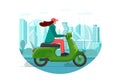Female hipster riding retro style scooter on modern city park road. Millennial woman drives green moped on street. Girl Royalty Free Stock Photo