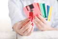 Female hold old floppy disk and modern flash drive Royalty Free Stock Photo