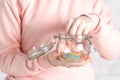 Female holding glass jar full of jelly beans Royalty Free Stock Photo