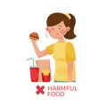 Female Holding Hamburger Consuming Fat Fast Food Vector Illustration