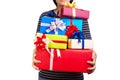 Female holding a lot of Christmas/birthday/anniversaries gifts Royalty Free Stock Photo