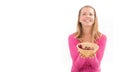 Female holding raw vegan healthy food. Raw food concept bamboo bowl