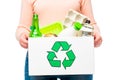 female holding recycling bin with paper, plastic, glass, metal waste isolated on white Royalty Free Stock Photo