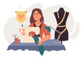 Female at home sewing clothes. Flat design illustration. Vector