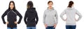 Female hood collage front and back view isolated - caucasian and black woman in hoodie mock up