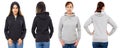 Female hood set isolated over white background, grey hood isolated black hoodie mock up