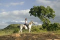 Female horseback rider and horse ride overlooking Lewa Wildlife Conservancy in North Kenya, Africa