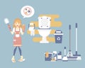 Female housekeeper, woman holding toilet brush and sponge, cleaning toilet, bathroom with mop, broom, bin, bucket, chore concept