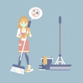 Female housekeeper, woman wearing protective mask holding broom with mop, bucket, chore, germ, cleaning concept