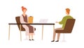 Female HR manager having job interview with male applicant vector flat illustration. Recruit and employer talking in