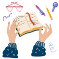 Female human hands holding book or a notebook. Read, learn discover. Love reading concept. Education and knowledge flat hand drawn