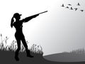 Female hunting. The girl is shooting at flying ducks. A woman with a gun. Active lifestyle. Hobbies for brave people. Vector. Royalty Free Stock Photo