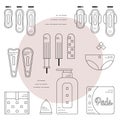 Female hygiene products. Gaskets, tampons, menstrual bowl and briefs. Isolated flat icons and objects Royalty Free Stock Photo