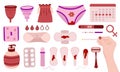 Female hygiene set. Menstrual cycle. Woman critical days