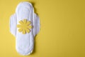 Female hygienic urological pad for urinary incontinence with a sad smiley on a yellow background Royalty Free Stock Photo