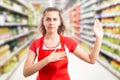 Hypermarket employee making honest oath Royalty Free Stock Photo