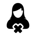 Female icon vector delete user account person profile avatar with close symbol in flat color glyph pictogram