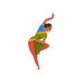 Female Indian Dancer in Traditional Clothes, Beautiful Young Smiling Woman Performing Folk Dance Vector Illustration