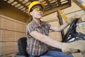 Female industrial worker driving forklift truck with stacked wooden planks in background Royalty Free Stock Photo