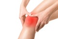 Female injured knee joint. Sore spot highlighted by red marker. Woman touches her leg by hands. Well groomed skin, close