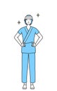 Female inpatient wearing hospital gown and bandage on head with her hands on her hips