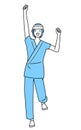 Female inpatient wearing hospital gown and bandage on head smiling and jumping