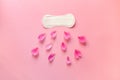 Intimate hygiene product, sanitary pad and beautiful fresh peony flower petals isolated on pink background, flat layout, top view Royalty Free Stock Photo