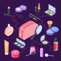 Female isometric cosmetics bag vector concept. Cosmetics for girl and woman - lipstick, powder, shadows, foundation