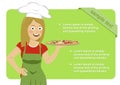 Female italian chef holding pizza over green banner with copyspace for your test Royalty Free Stock Photo