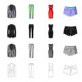 Female jacket, clothes pants, dress, shorts. Women`s clothing set collection icons in cartoon black monochrome outline