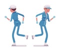 Female janitor running, rear and front view