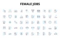 Female jobs linear icons set. Nurse, Teacher, Engineer, Entrepreneur, Scientist, Doctor, Lawyer vector symbols and line