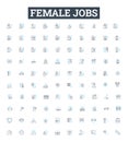 Female jobs vector line icons set. Nurse, Teacher, Engineer, Receptionist, Doctor, Lawyer, Administrator illustration