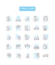 Female jobs vector line icons set. Nurse, Teacher, Engineer, Receptionist, Doctor, Lawyer, Administrator illustration