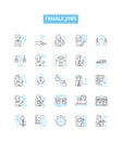 Female jobs vector line icons set. Nurse, Teacher, Engineer, Receptionist, Doctor, Lawyer, Administrator illustration